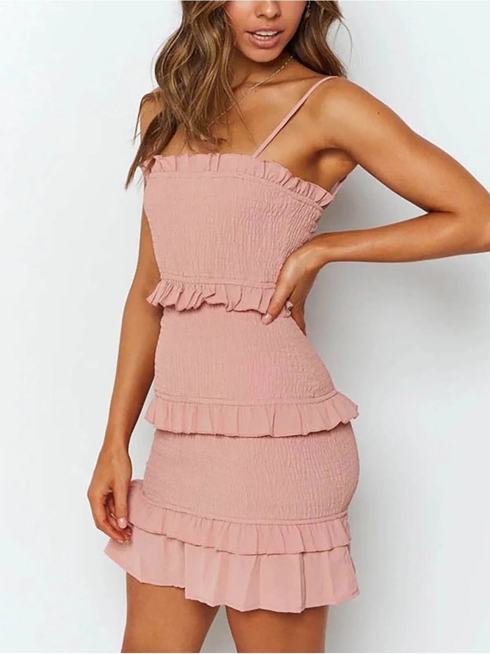 Nasty Gal Dusty Rose Smocked Ruffle Mini Dress- Medium